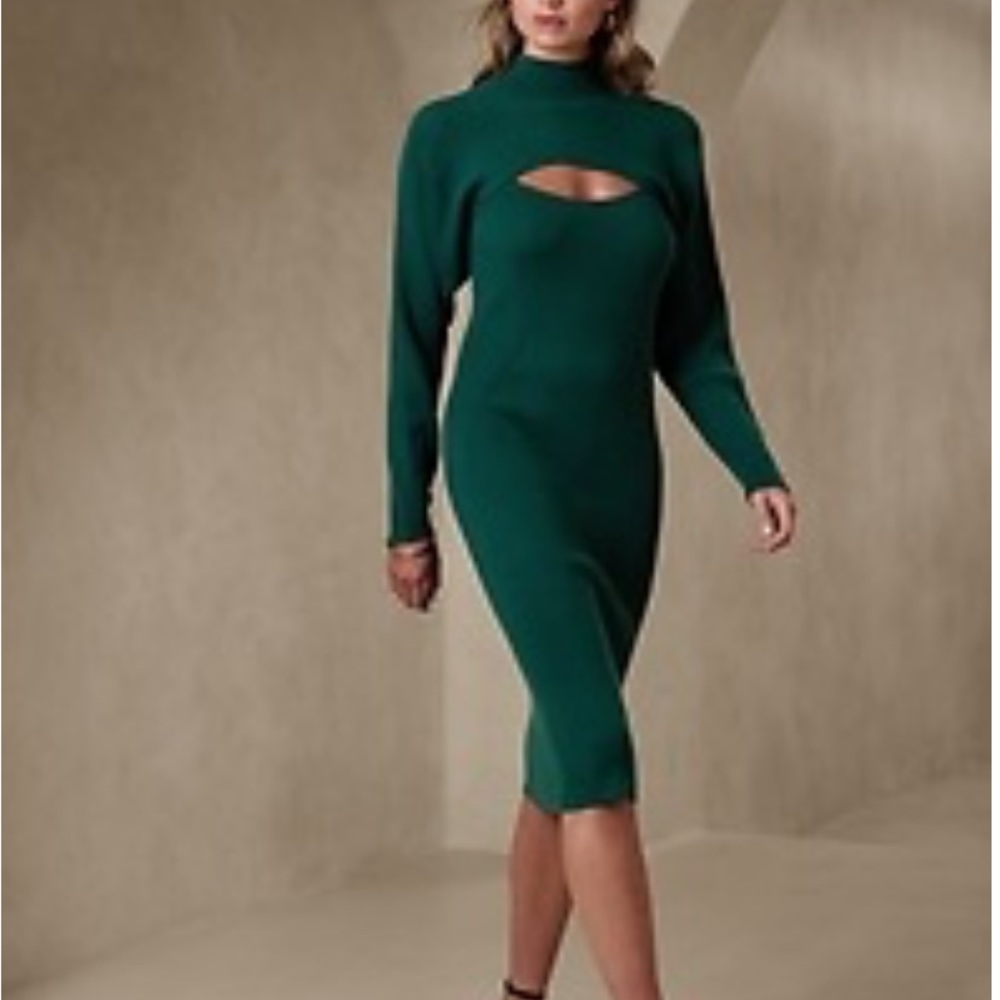 Banana Republic Asti XS emerald forest green knit dress with shrug.